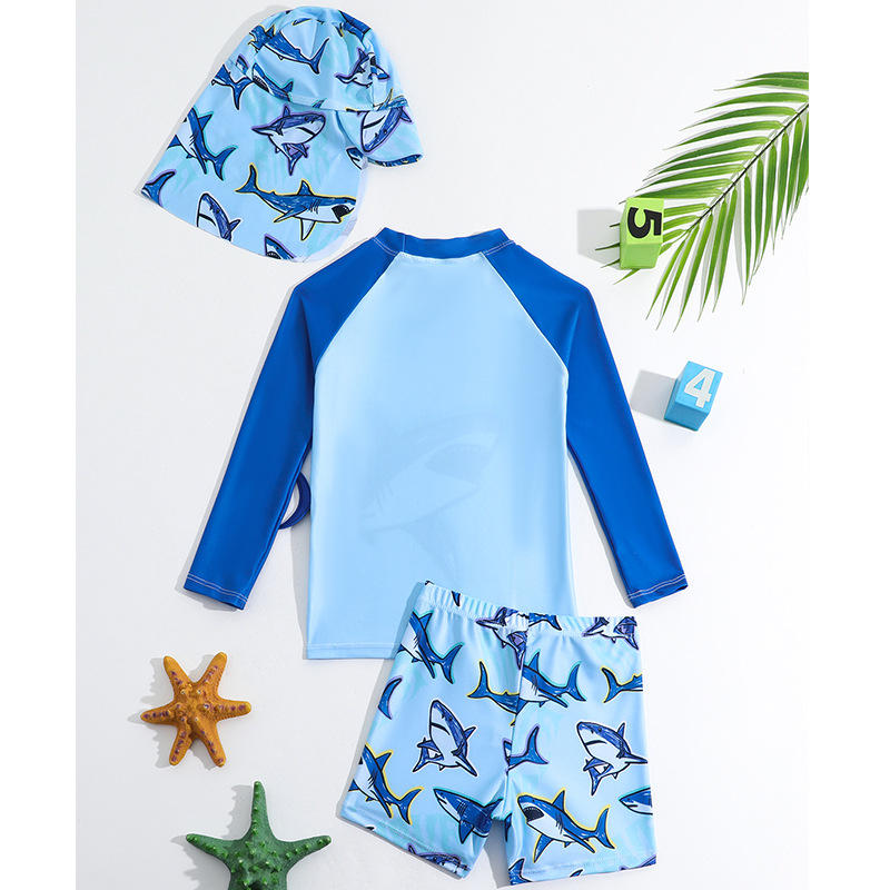 Užsienio prekybos Europa ir Amerika vasaros berniukų maudymosi kostiumėlių kelnių komplektas, padalintas ilgomis rankovėmis, 3 dalių maudymosi kostiumėlio komplektas