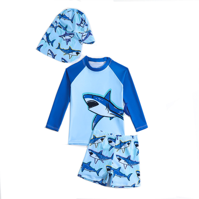 Užsienio prekybos Europa ir Amerika vasaros berniukų maudymosi kostiumėlių kelnių komplektas, padalintas ilgomis rankovėmis, 3 dalių maudymosi kostiumėlio komplektas