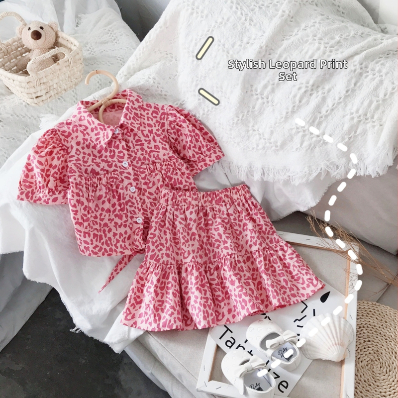 Detské oblečenie Ai Le Rabbit 2022 Jar a leto Nové dievčenské ružové leopardové tričko s vysokým pásom a sukňou do vlasov