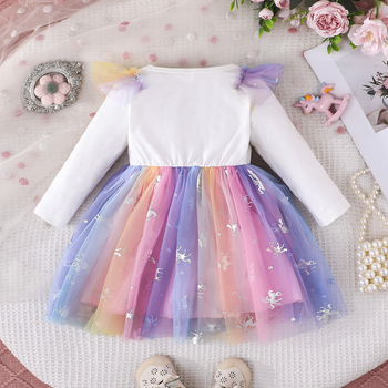 Διασυνοριακό Άνοιξη και Φθινόπωρο 2025, Νέο Γλυκό και Χαριτωμένο Μακρυμάνικο Φόρεμα Πριγκίπισσας με Στρογγυλή Λαιμόκοψη και Πολύχρωμο Μονόκερο, Πλεγμένο Φόρεμα για Κορίτσια