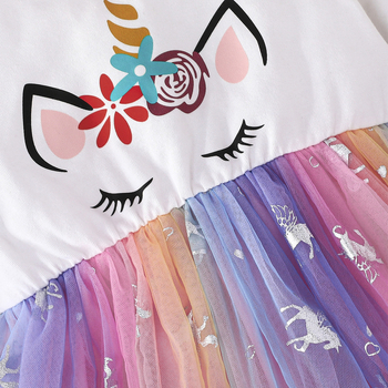 Διασυνοριακό Άνοιξη και Φθινόπωρο 2025, Νέο Γλυκό και Χαριτωμένο Μακρυμάνικο Φόρεμα Πριγκίπισσας με Στρογγυλή Λαιμόκοψη και Πολύχρωμο Μονόκερο, Πλεγμένο Φόρεμα για Κορίτσια