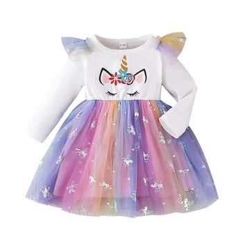 Διασυνοριακό Άνοιξη και Φθινόπωρο 2025, Νέο Γλυκό και Χαριτωμένο Μακρυμάνικο Φόρεμα Πριγκίπισσας με Στρογγυλή Λαιμόκοψη και Πολύχρωμο Μονόκερο, Πλεγμένο Φόρεμα για Κορίτσια