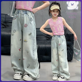 Tüdrukute teksad kevadeks ja sügiseks Uued stiilid Lahtised elastsed laiad püksid Sirged püksid vanematele lastele Tüdrukute kevad- ja sügispikad püksid