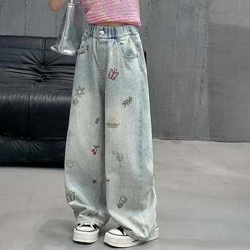 Tüdrukute teksad kevadeks ja sügiseks Uued stiilid Lahtised elastsed laiad püksid Sirged püksid vanematele lastele Tüdrukute kevad- ja sügispikad püksid