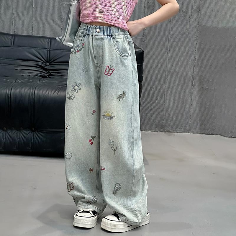 Tüdrukute teksad kevadeks ja sügiseks Uued stiilid Lahtised elastsed laiad püksid Sirged püksid vanematele lastele Tüdrukute kevad- ja sügispikad püksid