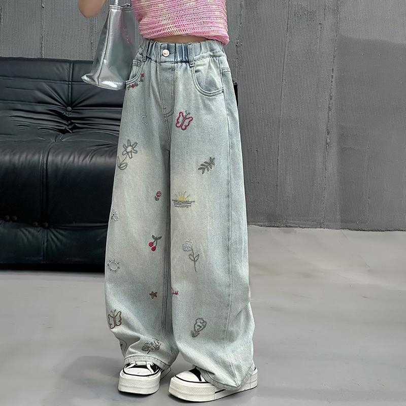 Tüdrukute teksad kevadeks ja sügiseks Uued stiilid Lahtised elastsed laiad püksid Sirged püksid vanematele lastele Tüdrukute kevad- ja sügispikad püksid