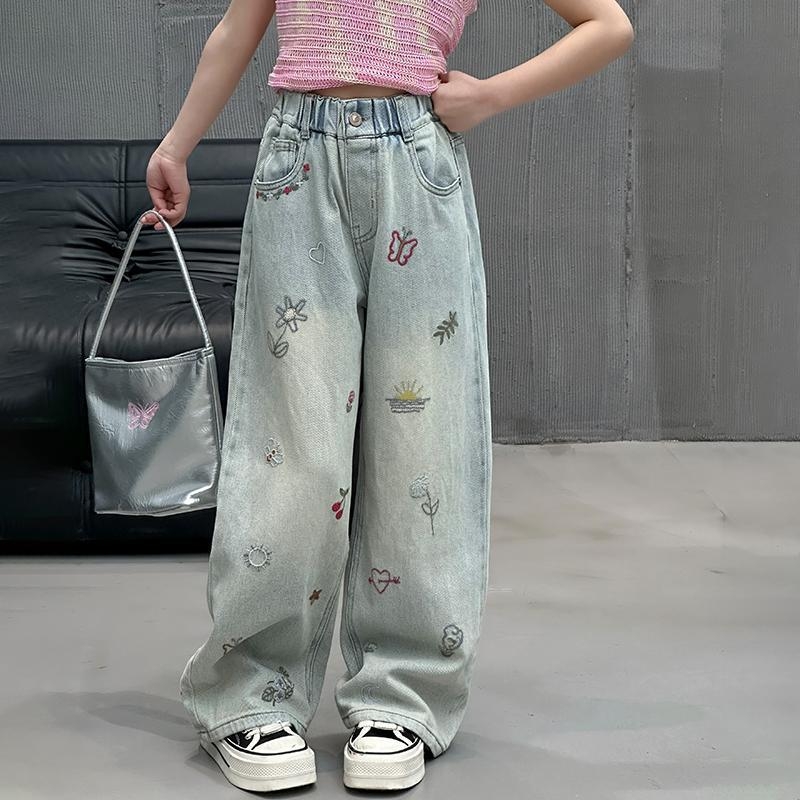 Tüdrukute teksad kevadeks ja sügiseks Uued stiilid Lahtised elastsed laiad püksid Sirged püksid vanematele lastele Tüdrukute kevad- ja sügispikad püksid