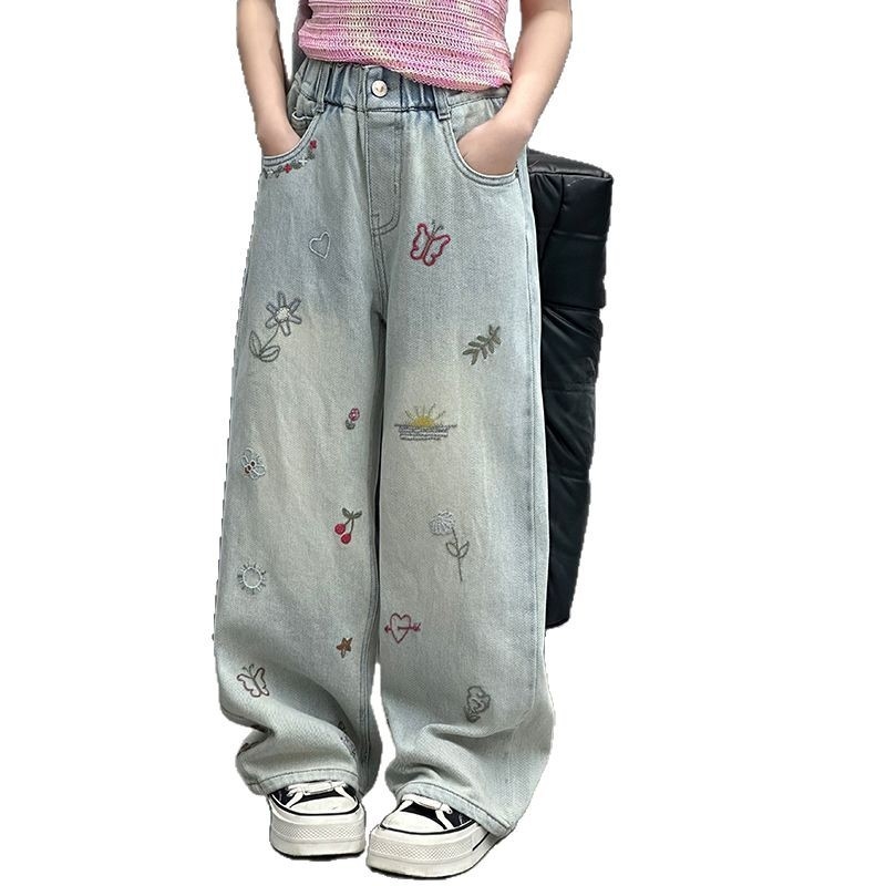 Tüdrukute teksad kevadeks ja sügiseks Uued stiilid Lahtised elastsed laiad püksid Sirged püksid vanematele lastele Tüdrukute kevad- ja sügispikad püksid