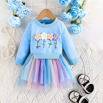 Rochie de primăvară și toamnă cu design floral, cu mânecă lungă și cusături, din plasă colorată, pentru bebeluși, INS transfrontalieră, pentru fetițe