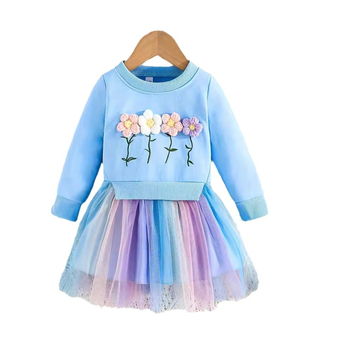 Rochie de primăvară și toamnă cu design floral, cu mânecă lungă și cusături, din plasă colorată, pentru bebeluși, INS transfrontalieră, pentru fetițe