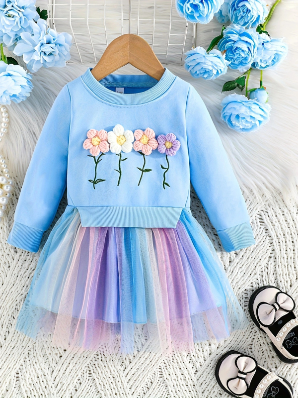 Rochie de primăvară și toamnă cu design floral, cu mânecă lungă și cusături, din plasă colorată, pentru bebeluși, INS transfrontalieră, pentru fetițe