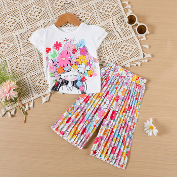 Dječji top s printom i cvjetnim printom, široke plisirane hlače iz 2025., dvodijelni set za vanjsku trgovinu