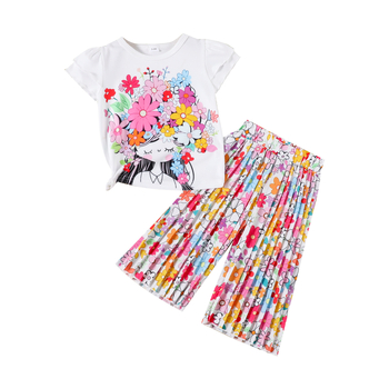 Παντελόνι με τυπωμένα σχέδια και πλισέ φαρδιά μπατζάκια για μωρά κορίτσια του 2025, σετ δύο τεμαχίων για παιδιά εξωτερικού εμπορίου