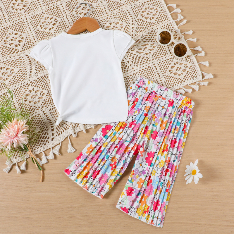 Dječji top s printom i cvjetnim printom, široke plisirane hlače iz 2025., dvodijelni set za vanjsku trgovinu