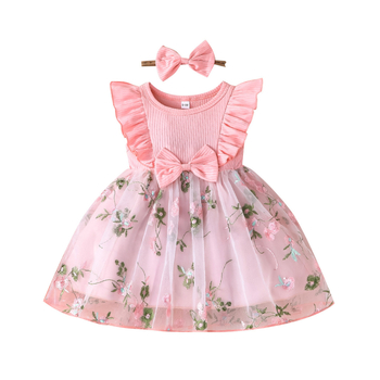 Διασυνοριακό Αποκλειστικό-Μωρό Κορίτσι Casual Χαριτωμένο Φόρεμα με Κεντημένα Λουλούδια και Διακοσμητικό Μαντήλι για το Κεφαλάρι