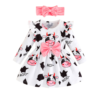 Νέο φόρεμα άνοιξης και φθινοπώρου με στρογγυλή λαιμόκοψη και μακριά μανίκια, φιόγκο, διπλό τρίψιμο, ψηφιακό τυπωμένο φόρεμα με αγελάδα