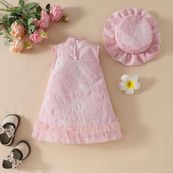 Καλοκαιρινό μωρό κορίτσι μονόχρωμο κολάρο με λουλούδια και τυπωμένο φιόγκο, διακοσμητικό φόρεμα με καπέλο δύο τεμαχίων