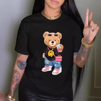 Zahraničný obchod na sklade letná potlač módne cool medvedí potlač tričko s krátkym rukávom a okrúhlym výstrihom ležérny top letné dámske oblečenie