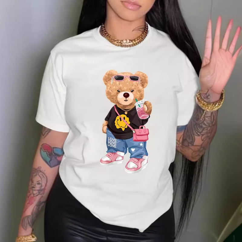 Zahraničný obchod na sklade letná potlač módne cool medvedí potlač tričko s krátkym rukávom a okrúhlym výstrihom ležérny top letné dámske oblečenie