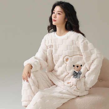 Dámske zimné pyžamo z koralového flísu s flísovou podšívkou, zahustené, 2023, nové, čisté farebné flanelové zimné domáce oblečenie, dvojdielna súprava