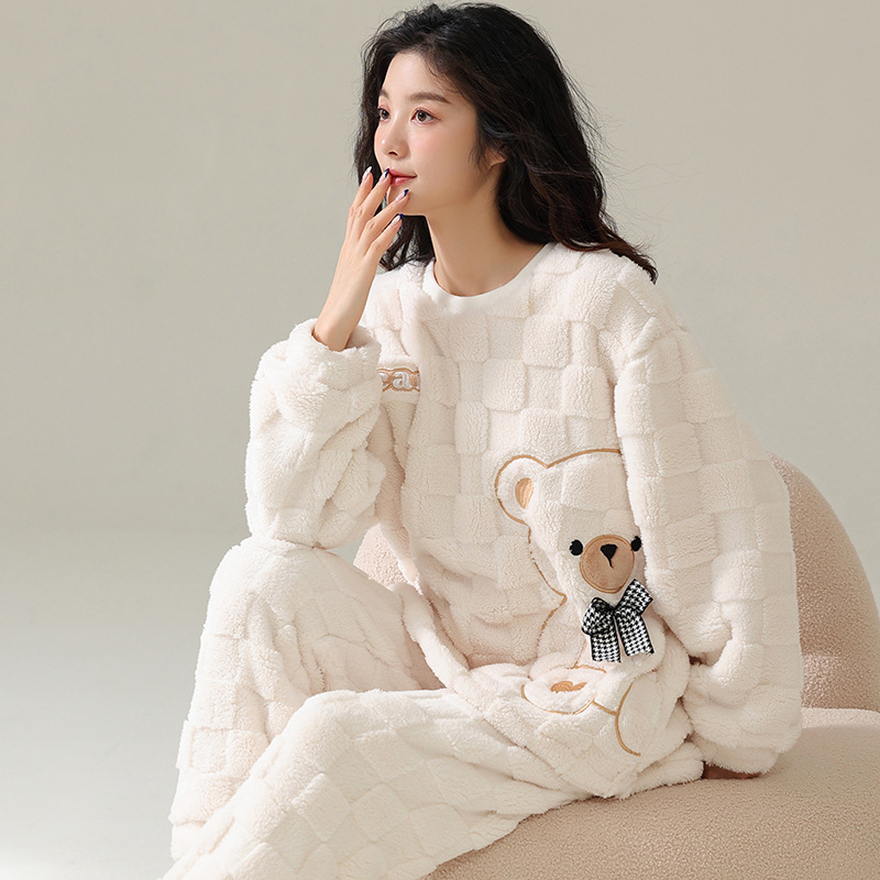 Dámske zimné pyžamo z koralového flísu s flísovou podšívkou, zahustené, 2023, nové, čisté farebné flanelové zimné domáce oblečenie, dvojdielna súprava