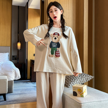 Pamučna pidžama za majku i kćer, slatki medvjedić s dugim rukavima za žene, proljeće i jesen, tanka pidžama s dugim hlačama, set odjeće za opuštanje