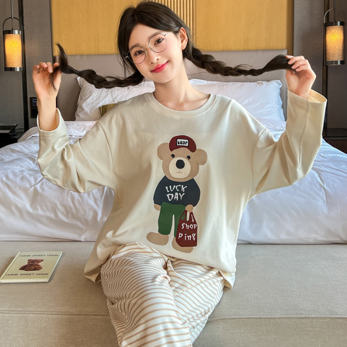 Pamučna pidžama za majku i kćer, slatki medvjedić s dugim rukavima za žene, proljeće i jesen, tanka pidžama s dugim hlačama, set odjeće za opuštanje