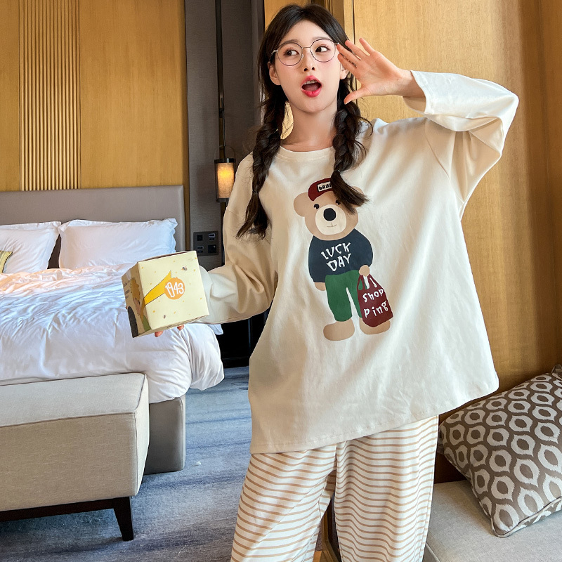 Pamučna pidžama za majku i kćer, slatki medvjedić s dugim rukavima za žene, proljeće i jesen, tanka pidžama s dugim hlačama, set odjeće za opuštanje