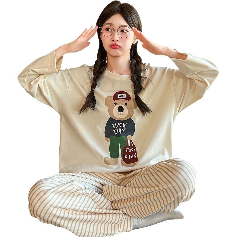 Pamučna pidžama za majku i kćer, slatki medvjedić s dugim rukavima za žene, proljeće i jesen, tanka pidžama s dugim hlačama, set odjeće za opuštanje