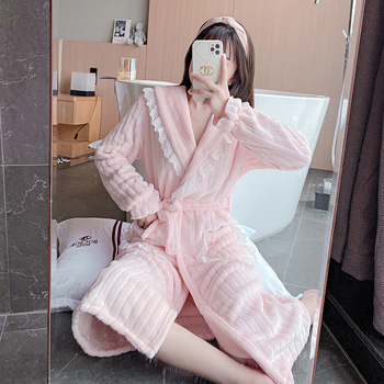 Γυναικείο νυχτικό από κοραλί φλις, φθινοπωρινό και χειμωνιάτικο μακρύ μπουρνούζι από φανέλα με επένδυση φλις, χειμωνιάτικες πιτζάμες για το σπίτι W6001# Ροζ