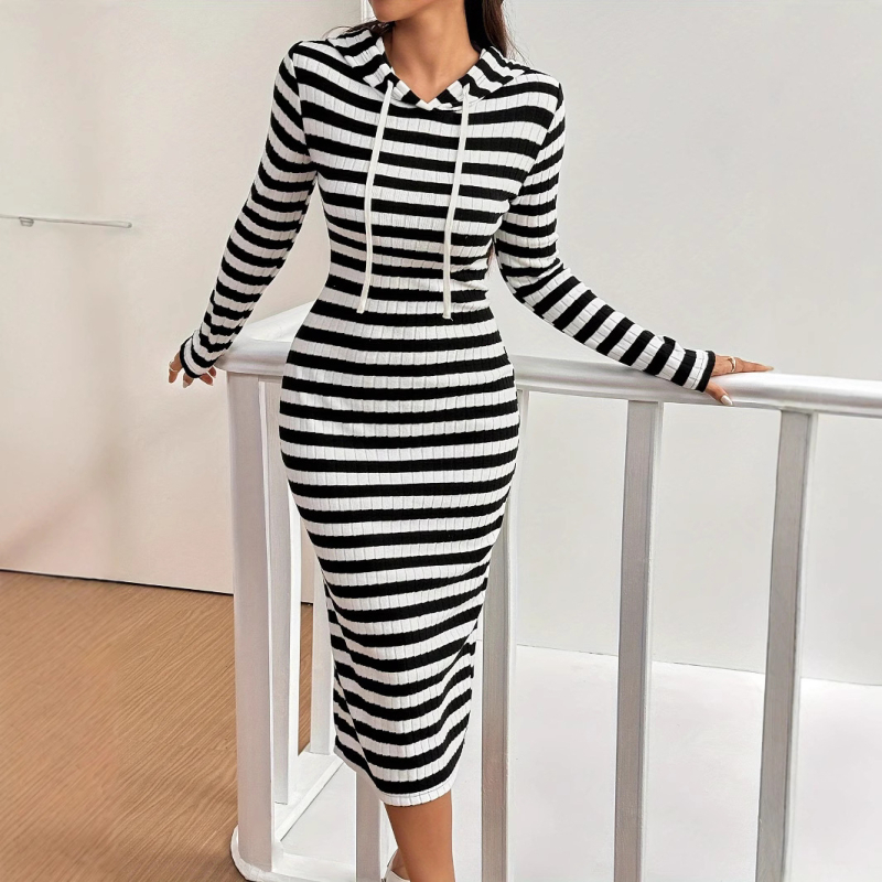 2024 Nova Amazon TEMU proljetna i jesenska crno-bijela prugasta duga majica preko koljena uskog kroja s kapuljačom i dugim rukavima