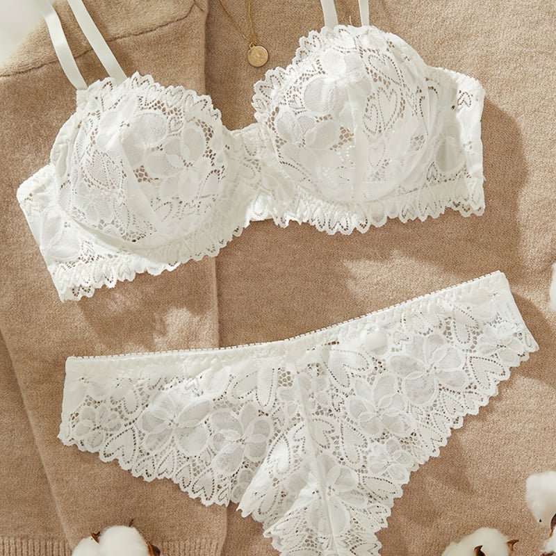Lenjerie intimă sexy, dantelă brodată, sutien cu V adânc, push-up, sutien sexy, costum sexy ultra-subțire, alb, dragoste