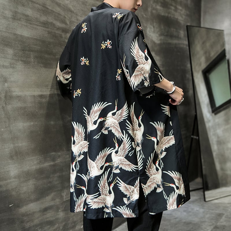 Ljetni kaput srednje duljine s printom ždrala, dugi kimono kardigan u kineskom stilu, muški tanki ogrtač