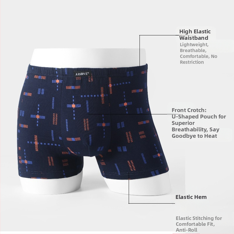 Мъжко бельо, боксерки, дишащи, абсорбиращи потта, памучни панталони, за средна и напреднала възраст, широки, големи размери, модерни боксерки с щампа