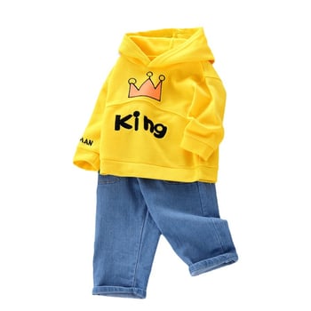 Νέο ανοιξιάτικο και φθινοπωρινό ολόσωμο φόρεμα με μακριά μανίκια για αγόρια, σετ δύο τεμαχίων με τζιν και κουκούλα, κορεάτικο στυλ, μοντέρνο, για αγόρια