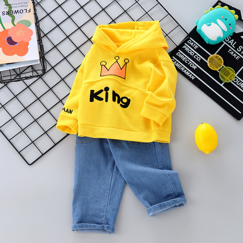 Jarný a jesenný nový chlapčenský oblek s dlhým rukávom, chlapčenská kórejska módna mikina s kapucňou a korunou, dvojdielna súprava