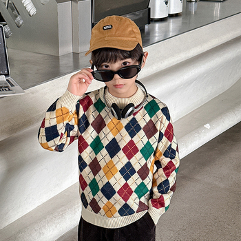 Dječji pulover s flis podstavom za jesen i zimu, zadebljani topli pulover za dječake u zapadnjačkom stilu, srednje i velike veličine, moderno pletivo