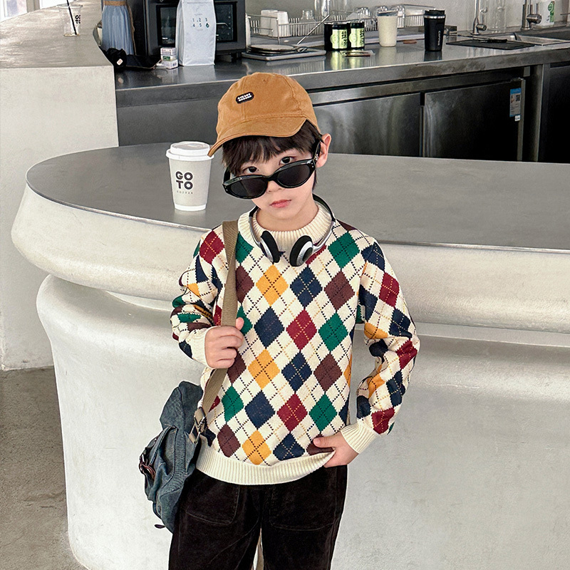 Dječji pulover s flis podstavom za jesen i zimu, zadebljani topli pulover za dječake u zapadnjačkom stilu, srednje i velike veličine, moderno pletivo