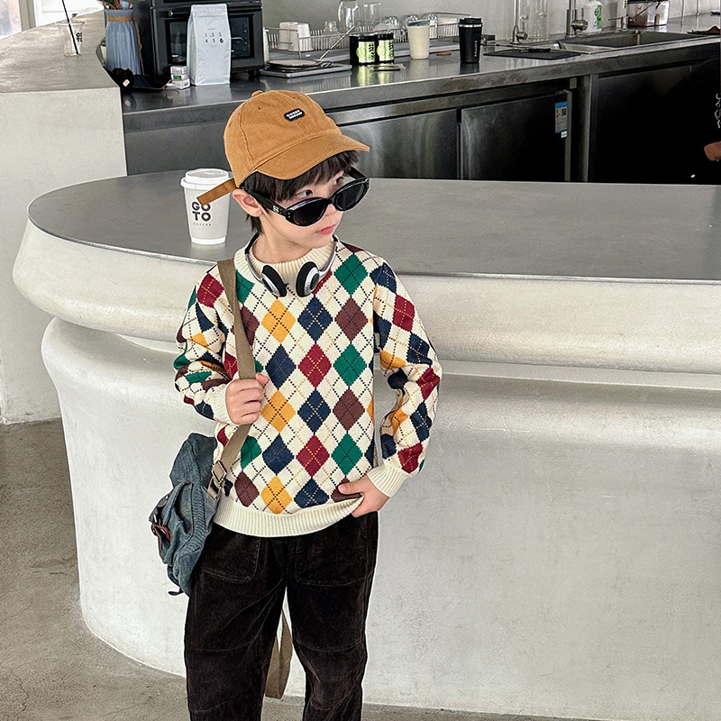 Dječji pulover s flis podstavom za jesen i zimu, zadebljani topli pulover za dječake u zapadnjačkom stilu, srednje i velike veličine, moderno pletivo