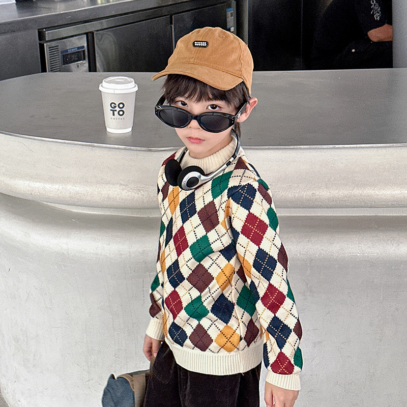 Dječji pulover s flis podstavom za jesen i zimu, zadebljani topli pulover za dječake u zapadnjačkom stilu, srednje i velike veličine, moderno pletivo