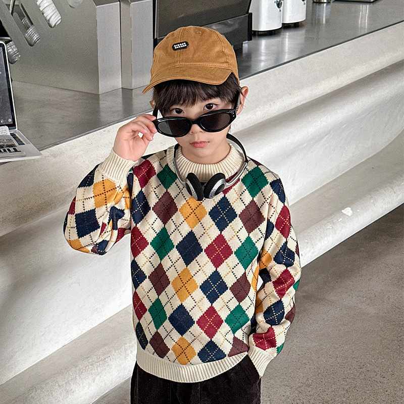 Dječji pulover s flis podstavom za jesen i zimu, zadebljani topli pulover za dječake u zapadnjačkom stilu, srednje i velike veličine, moderno pletivo
