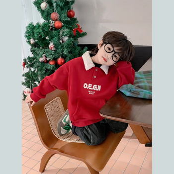 Dječja flis majica, zima 2025., nova dječja odjeća, elegantna ulična odjeća za jesen i zimu, crvena, zadebljana, s ovratnikom na dolje