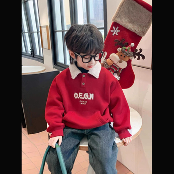 Dječja flis majica, zima 2025., nova dječja odjeća, elegantna ulična odjeća za jesen i zimu, crvena, zadebljana, s ovratnikom na dolje