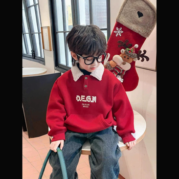 Dječja flis majica, zima 2025., nova dječja odjeća, elegantna ulična odjeća za jesen i zimu, crvena, zadebljana, s ovratnikom na dolje