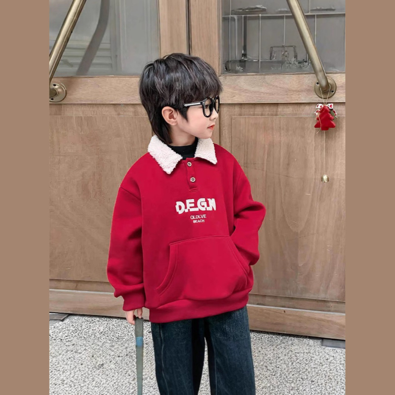 Dječja flis majica, zima 2025., nova dječja odjeća, elegantna ulična odjeća za jesen i zimu, crvena, zadebljana, s ovratnikom na dolje