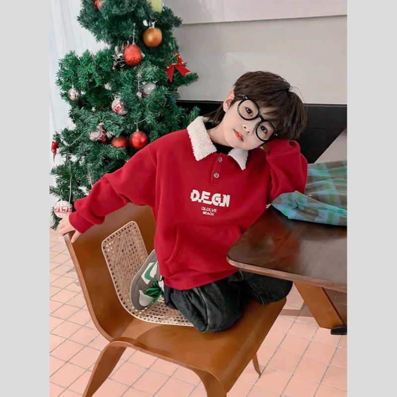 Dječja flis majica, zima 2025., nova dječja odjeća, elegantna ulična odjeća za jesen i zimu, crvena, zadebljana, s ovratnikom na dolje