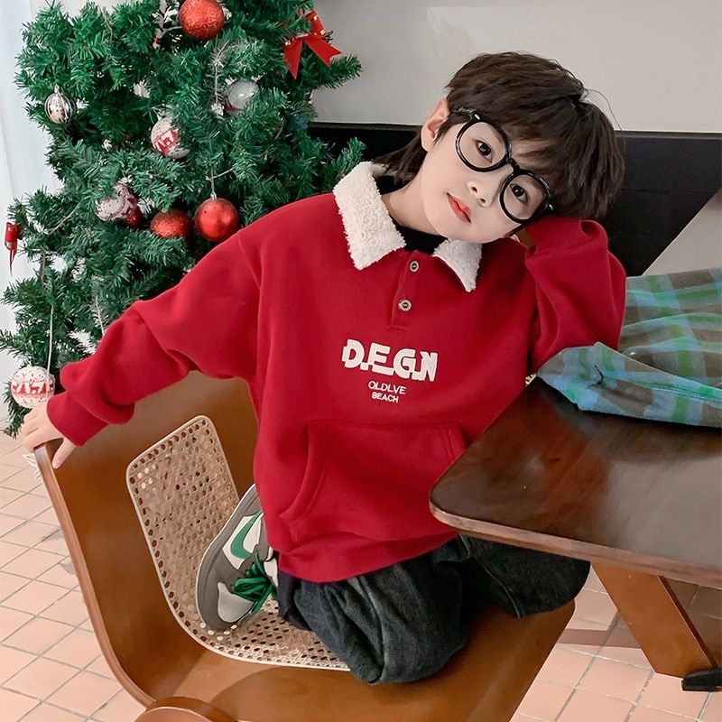 Dječja flis majica, zima 2025., nova dječja odjeća, elegantna ulična odjeća za jesen i zimu, crvena, zadebljana, s ovratnikom na dolje