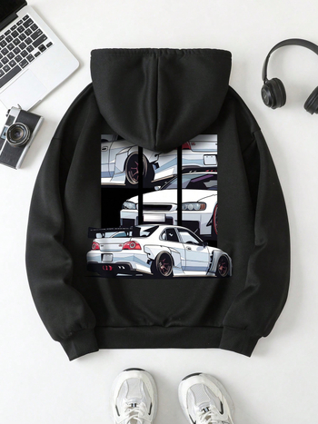 [Cezhraničný európsky kódex] Mikina s potlačou auta a klokaním vreckom, ležérna dlhá veľkosť S