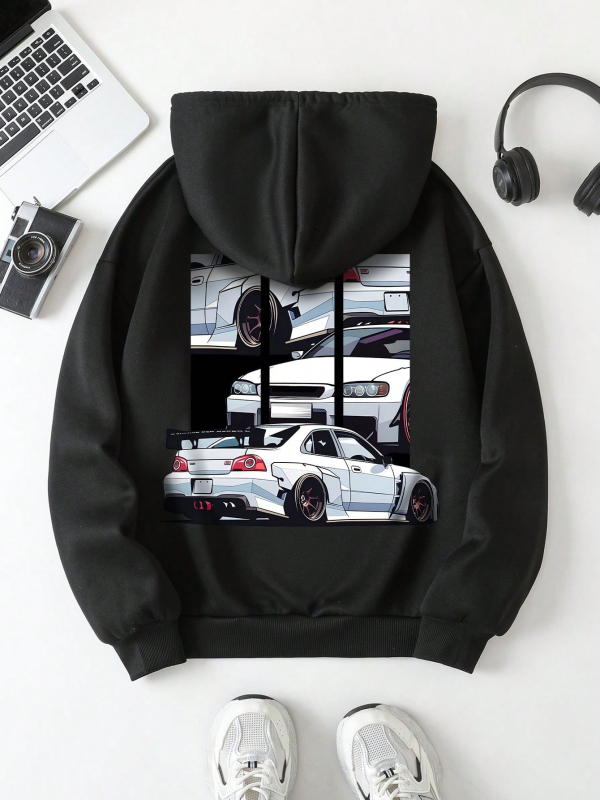 [Cezhraničný európsky kódex] Mikina s potlačou auta a klokaním vreckom, ležérna dlhá veľkosť S