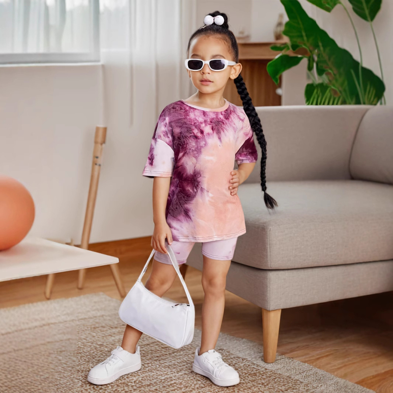Prekogranična vanjska trgovina INS djevojčice odijelo kratkih rukava s tie-dye printom, okruglim izrezom, majica kratkih rukava, odijelo prikladno za djecu od 1 do 8 godina